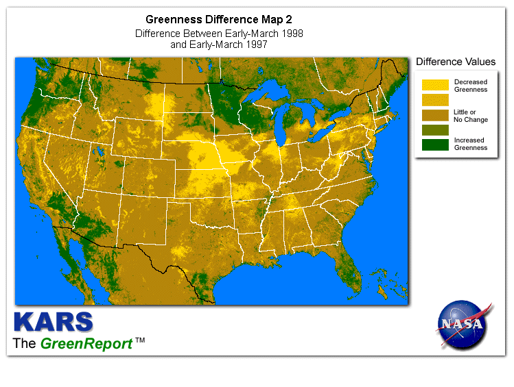 Color-coded U.S. vegetation greeness index map for Period 11 of 1998, illustrating spatial variations in plant vigor, with greener tones indicating higher biomass and browner tones indicating stressed vegetation,              comparing current crop/vegetation change in biomass to same period from the previous year.