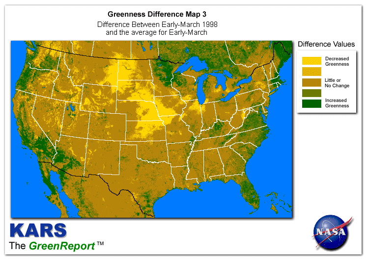 Color-coded U.S. vegetation greeness index map for Period 11 of 1998, illustrating spatial variations in plant vigor, with greener tones indicating higher biomass and browner tones indicating stressed vegetation,              comparing current crop/vegetation change in biomass to the 20-year greenness average.