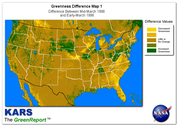 Color-coded U.S. vegetation greeness index map for Period 12 of 1998, illustrating spatial variations in plant vigor, with greener tones indicating higher biomass and browner tones indicating stressed vegetation,              comparing current crop/vegetation change in biomass to the previous week within the same year.