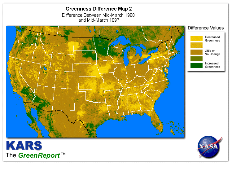 Color-coded U.S. vegetation greeness index map for Period 12 of 1998, illustrating spatial variations in plant vigor, with greener tones indicating higher biomass and browner tones indicating stressed vegetation,              comparing current crop/vegetation change in biomass to same period from the previous year.