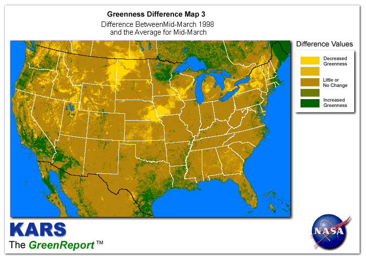 Color-coded U.S. vegetation greeness index map for Period 12 of 1998, illustrating spatial variations in plant vigor, with greener tones indicating higher biomass and browner tones indicating stressed vegetation,              comparing current crop/vegetation change in biomass to the 20-year greenness average.