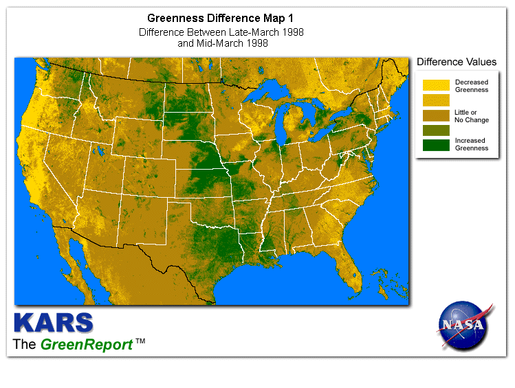 Color-coded U.S. vegetation greeness index map for Period 13 of 1998, illustrating spatial variations in plant vigor, with greener tones indicating higher biomass and browner tones indicating stressed vegetation,              comparing current crop/vegetation change in biomass to the previous week within the same year.
