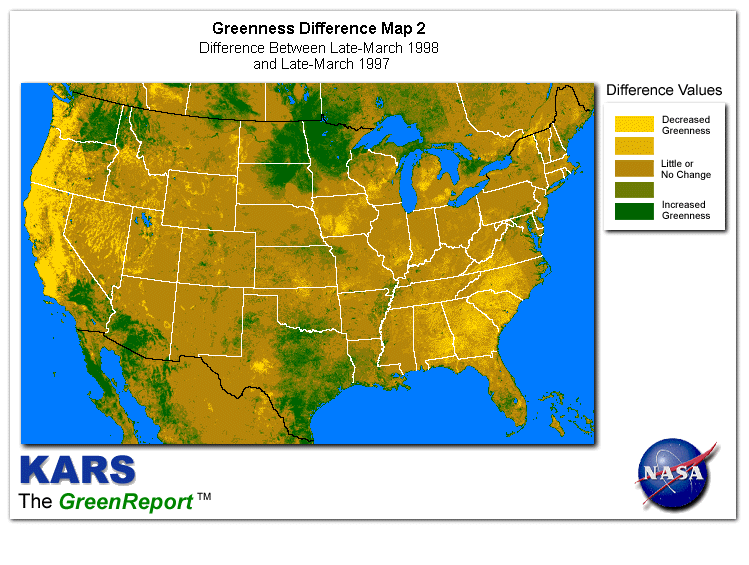 Color-coded U.S. vegetation greeness index map for Period 13 of 1998, illustrating spatial variations in plant vigor, with greener tones indicating higher biomass and browner tones indicating stressed vegetation,              comparing current crop/vegetation change in biomass to same period from the previous year.