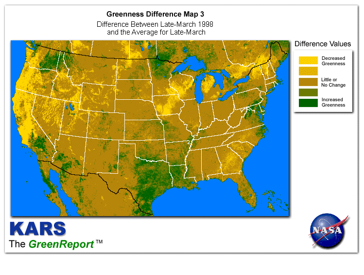 Color-coded U.S. vegetation greeness index map for Period 13 of 1998, illustrating spatial variations in plant vigor, with greener tones indicating higher biomass and browner tones indicating stressed vegetation,              comparing current crop/vegetation change in biomass to the 20-year greenness average.