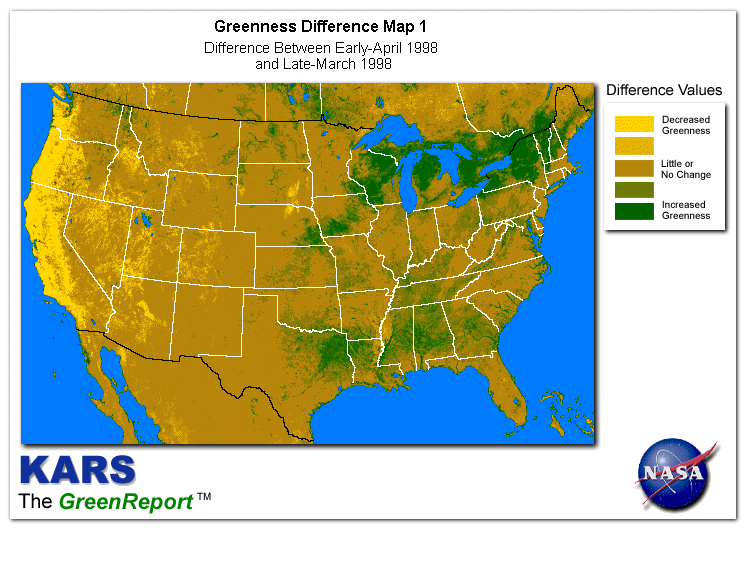 Color-coded U.S. vegetation greeness index map for Period 14 of 1998, illustrating spatial variations in plant vigor, with greener tones indicating higher biomass and browner tones indicating stressed vegetation,              comparing current crop/vegetation change in biomass to the previous week within the same year.