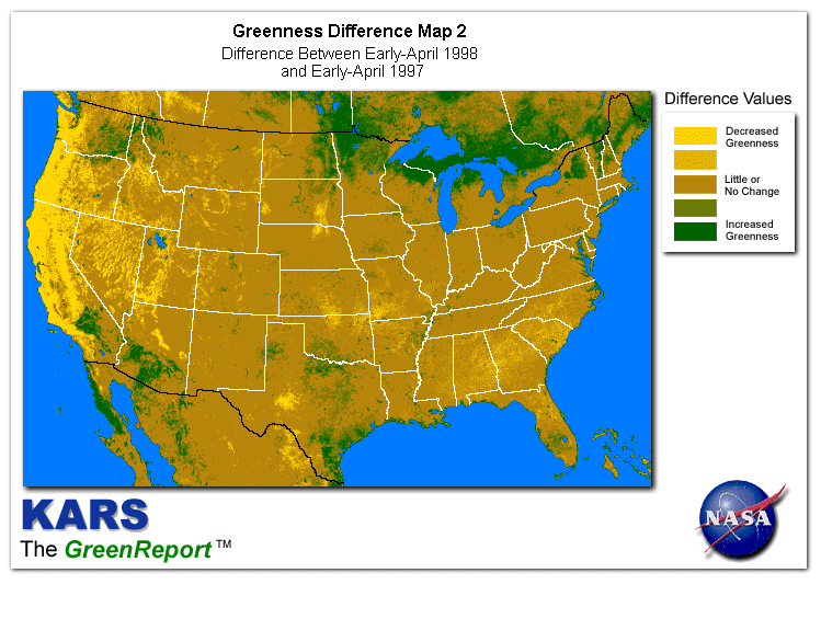 Color-coded U.S. vegetation greeness index map for Period 14 of 1998, illustrating spatial variations in plant vigor, with greener tones indicating higher biomass and browner tones indicating stressed vegetation,              comparing current crop/vegetation change in biomass to same period from the previous year.