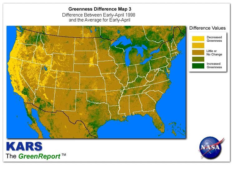 Color-coded U.S. vegetation greeness index map for Period 14 of 1998, illustrating spatial variations in plant vigor, with greener tones indicating higher biomass and browner tones indicating stressed vegetation,              comparing current crop/vegetation change in biomass to the 20-year greenness average.