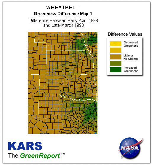 Color-coded Wheat Belt vegetation greeness index map for Period 14 of 1998, illustrating spatial variations in plant vigor, with greener tones indicating higher biomass and browner tones indicating stressed vegetation,              comparing current crop/vegetation change in biomass to the previous week within the same year.