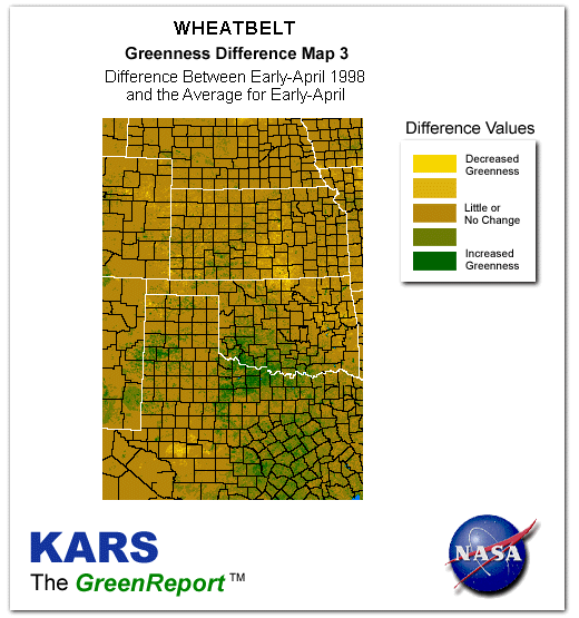 Color-coded Wheat Belt vegetation greeness index map for Period 14 of 1998, illustrating spatial variations in plant vigor, with greener tones indicating higher biomass and browner tones indicating stressed vegetation,              comparing current crop/vegetation change in biomass to the 20-year greenness average.