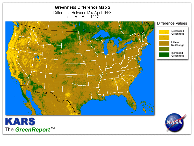 Color-coded U.S. vegetation greeness index map for Period 15 of 1998, illustrating spatial variations in plant vigor, with greener tones indicating higher biomass and browner tones indicating stressed vegetation,              comparing current crop/vegetation change in biomass to same period from the previous year.