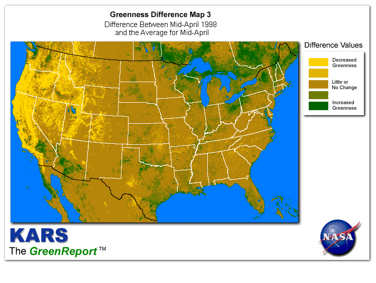 Color-coded U.S. vegetation greeness index map for Period 15 of 1998, illustrating spatial variations in plant vigor, with greener tones indicating higher biomass and browner tones indicating stressed vegetation,              comparing current crop/vegetation change in biomass to the 20-year greenness average.