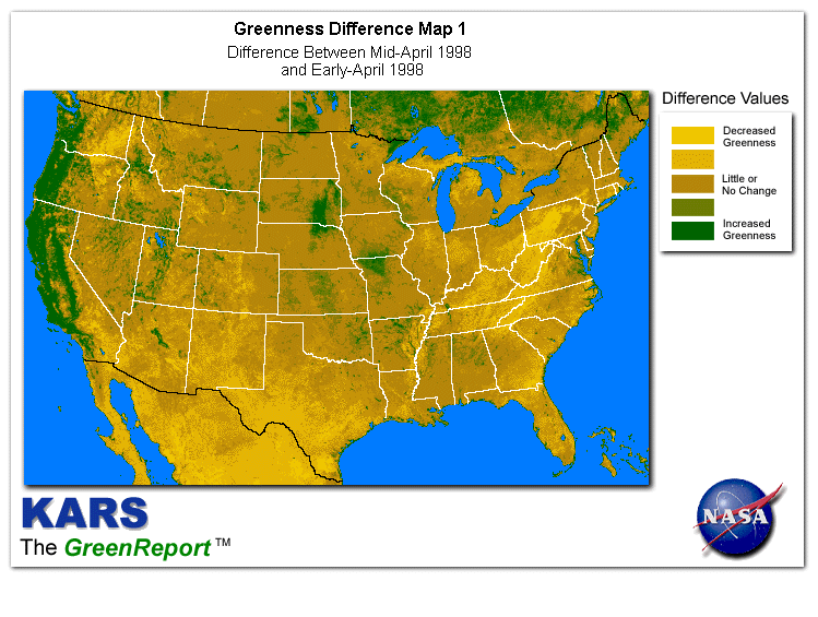 Color-coded U.S. vegetation greeness index map for Period 16 of 1998, illustrating spatial variations in plant vigor, with greener tones indicating higher biomass and browner tones indicating stressed vegetation,              comparing current crop/vegetation change in biomass to the previous week within the same year.