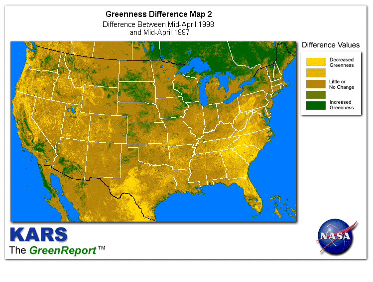Color-coded U.S. vegetation greeness index map for Period 16 of 1998, illustrating spatial variations in plant vigor, with greener tones indicating higher biomass and browner tones indicating stressed vegetation,              comparing current crop/vegetation change in biomass to same period from the previous year.