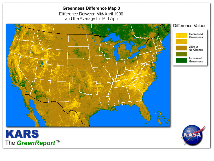 Color-coded U.S. vegetation greeness index map for Period 16 of 1998, illustrating spatial variations in plant vigor, with greener tones indicating higher biomass and browner tones indicating stressed vegetation,              comparing current crop/vegetation change in biomass to the 20-year greenness average.