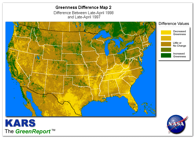 Color-coded U.S. vegetation greeness index map for Period 17 of 1998, illustrating spatial variations in plant vigor, with greener tones indicating higher biomass and browner tones indicating stressed vegetation,              comparing current crop/vegetation change in biomass to same period from the previous year.