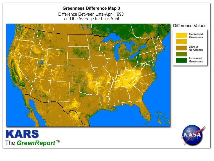 Color-coded U.S. vegetation greeness index map for Period 17 of 1998, illustrating spatial variations in plant vigor, with greener tones indicating higher biomass and browner tones indicating stressed vegetation,              comparing current crop/vegetation change in biomass to the 20-year greenness average.
