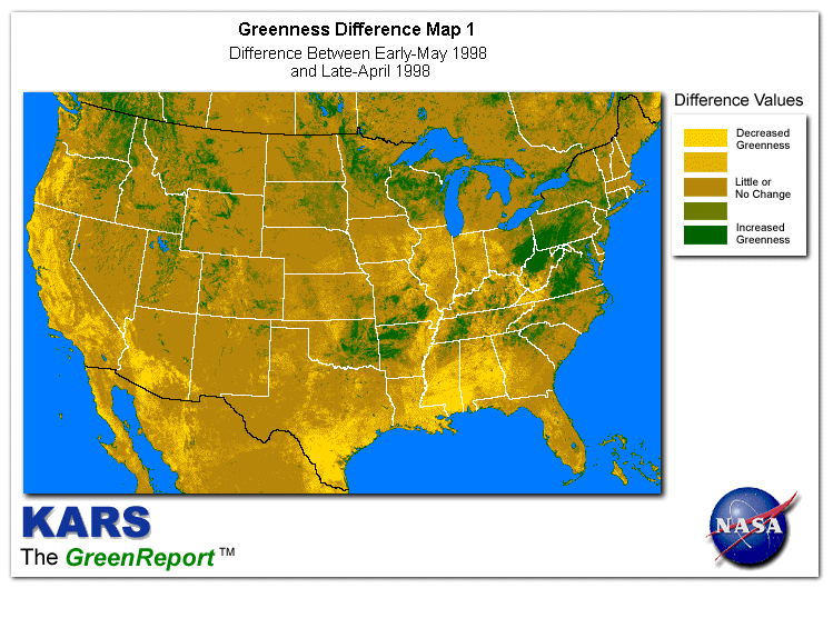 Color-coded U.S. vegetation greeness index map for Period 18 of 1998, illustrating spatial variations in plant vigor, with greener tones indicating higher biomass and browner tones indicating stressed vegetation,              comparing current crop/vegetation change in biomass to the previous week within the same year.