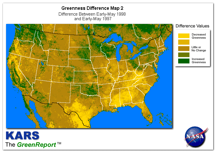 Color-coded U.S. vegetation greeness index map for Period 18 of 1998, illustrating spatial variations in plant vigor, with greener tones indicating higher biomass and browner tones indicating stressed vegetation,              comparing current crop/vegetation change in biomass to same period from the previous year.