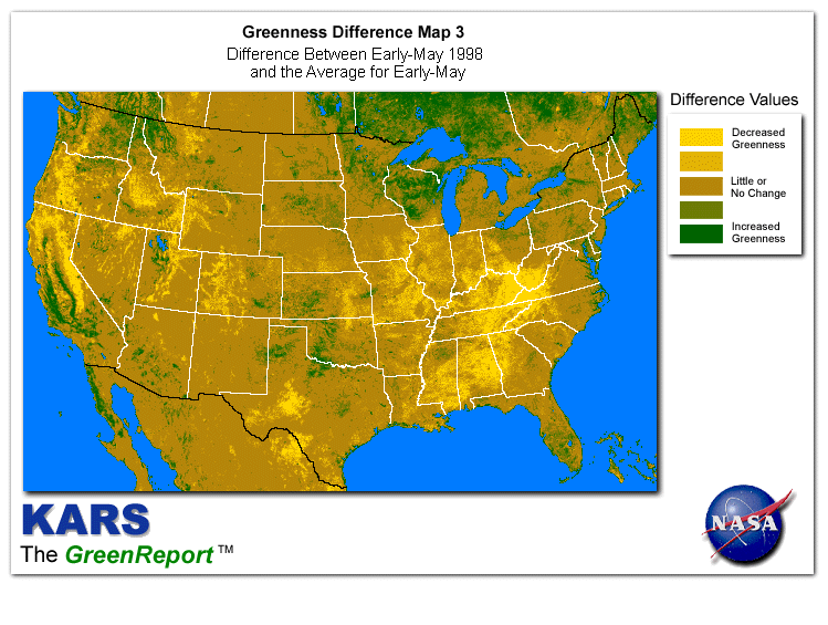 Color-coded U.S. vegetation greeness index map for Period 18 of 1998, illustrating spatial variations in plant vigor, with greener tones indicating higher biomass and browner tones indicating stressed vegetation,              comparing current crop/vegetation change in biomass to the 20-year greenness average.