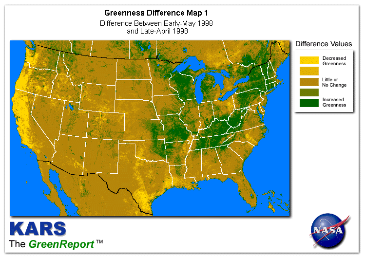 Color-coded U.S. vegetation greeness index map for Period 19 of 1998, illustrating spatial variations in plant vigor, with greener tones indicating higher biomass and browner tones indicating stressed vegetation,
              comparing current crop/vegetation change in biomass to the previous week within the same year.