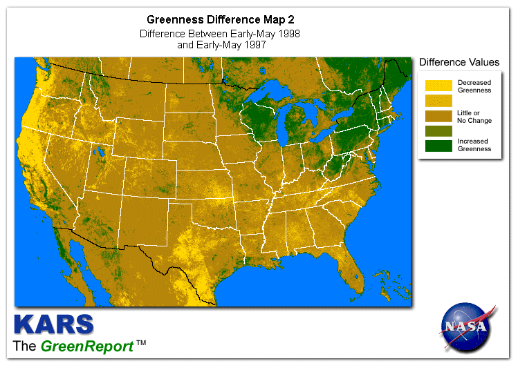 Color-coded U.S. vegetation greeness index map for Period 19 of 1998, illustrating spatial variations in plant vigor, with greener tones indicating higher biomass and browner tones indicating stressed vegetation,
              comparing current crop/vegetation change in biomass to same period from the previous year.