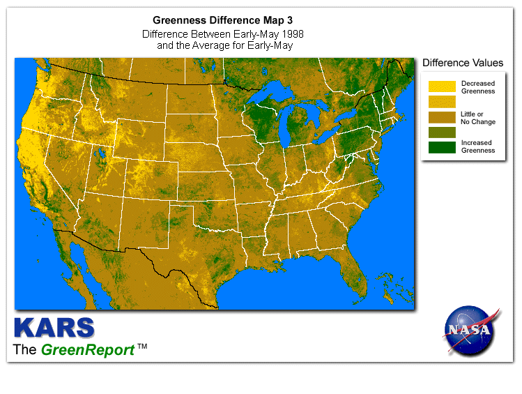 Color-coded U.S. vegetation greeness index map for Period 19 of 1998, illustrating spatial variations in plant vigor, with greener tones indicating higher biomass and browner tones indicating stressed vegetation,
              comparing current crop/vegetation change in biomass to the 20-year greenness average.