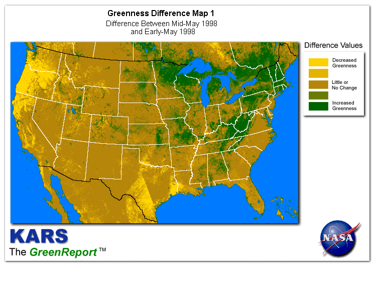 Color-coded U.S. vegetation greeness index map for Period 20 of 1998, illustrating spatial variations in plant vigor, with greener tones indicating higher biomass and browner tones indicating stressed vegetation,
              comparing current crop/vegetation change in biomass to the previous week within the same year.