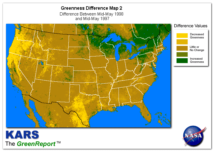 Color-coded U.S. vegetation greeness index map for Period 20 of 1998, illustrating spatial variations in plant vigor, with greener tones indicating higher biomass and browner tones indicating stressed vegetation,
              comparing current crop/vegetation change in biomass to same period from the previous year.