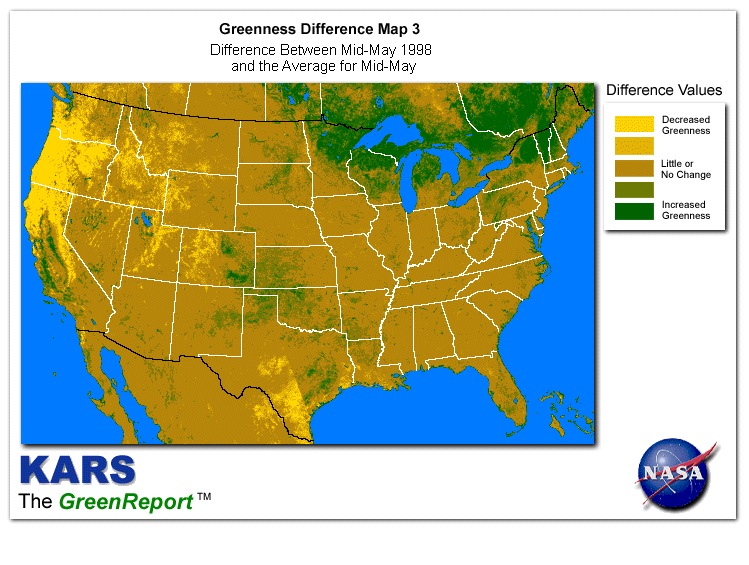 Color-coded U.S. vegetation greeness index map for Period 20 of 1998, illustrating spatial variations in plant vigor, with greener tones indicating higher biomass and browner tones indicating stressed vegetation,
              comparing current crop/vegetation change in biomass to the 20-year greenness average.
