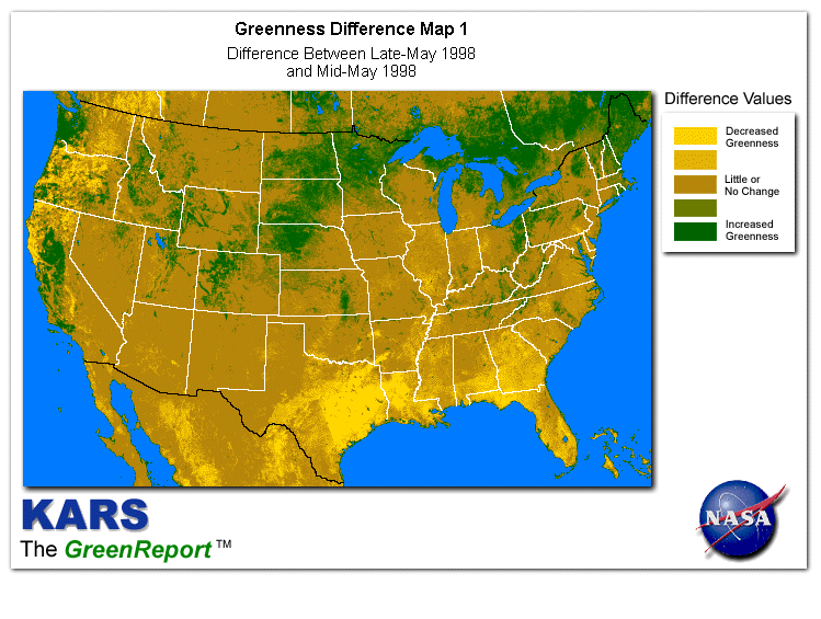 Color-coded U.S. vegetation greeness index map for Period 21 of 1998, illustrating spatial variations in plant vigor, with greener tones indicating higher biomass and browner tones indicating stressed vegetation,
              comparing current crop/vegetation change in biomass to the previous week within the same year.