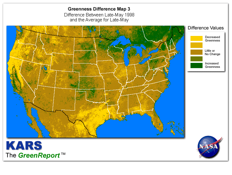 Color-coded U.S. vegetation greeness index map for Period 21 of 1998, illustrating spatial variations in plant vigor, with greener tones indicating higher biomass and browner tones indicating stressed vegetation,
              comparing current crop/vegetation change in biomass to the 20-year greenness average.