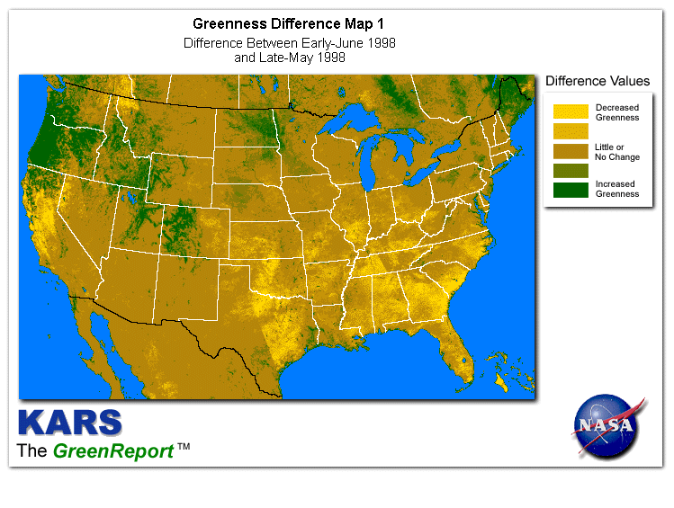Color-coded U.S. vegetation greeness index map for Period 22 of 1998, illustrating spatial variations in plant vigor, with greener tones indicating higher biomass and browner tones indicating stressed vegetation,
              comparing current crop/vegetation change in biomass to the previous week within the same year.