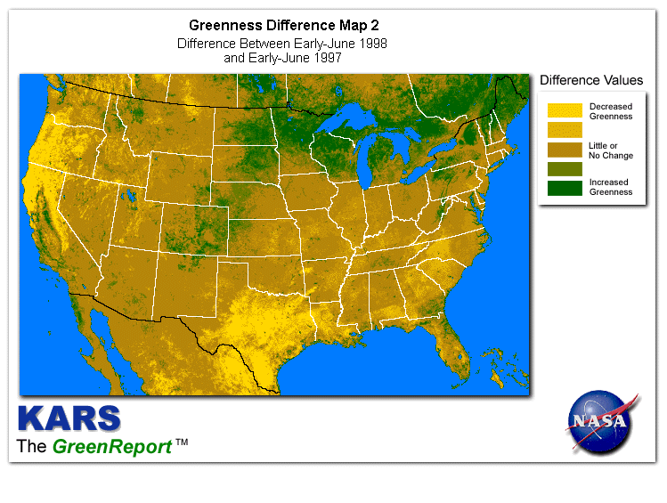 Color-coded U.S. vegetation greeness index map for Period 22 of 1998, illustrating spatial variations in plant vigor, with greener tones indicating higher biomass and browner tones indicating stressed vegetation,
              comparing current crop/vegetation change in biomass to same period from the previous year.