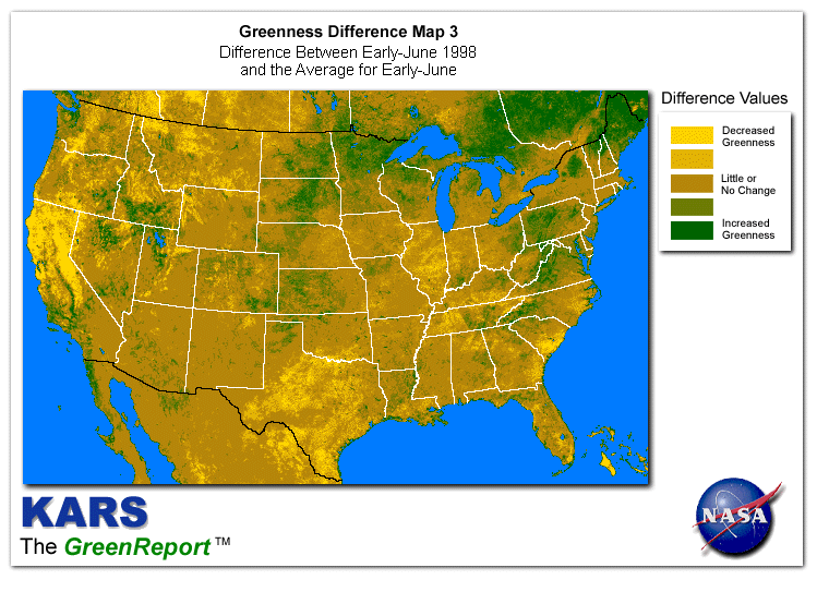 Color-coded U.S. vegetation greeness index map for Period 22 of 1998, illustrating spatial variations in plant vigor, with greener tones indicating higher biomass and browner tones indicating stressed vegetation,
              comparing current crop/vegetation change in biomass to the 20-year greenness average.