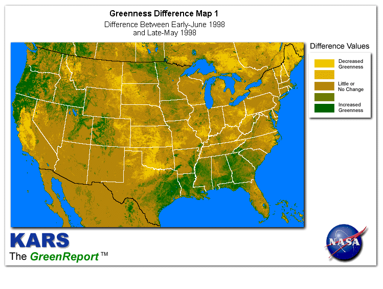 Color-coded U.S. vegetation greeness index map for Period 23 of 1998, illustrating spatial variations in plant vigor, with greener tones indicating higher biomass and browner tones indicating stressed vegetation,
              comparing current crop/vegetation change in biomass to the previous week within the same year.