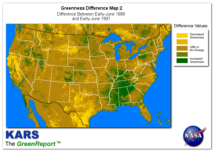 Color-coded U.S. vegetation greeness index map for Period 23 of 1998, illustrating spatial variations in plant vigor, with greener tones indicating higher biomass and browner tones indicating stressed vegetation,
              comparing current crop/vegetation change in biomass to same period from the previous year.