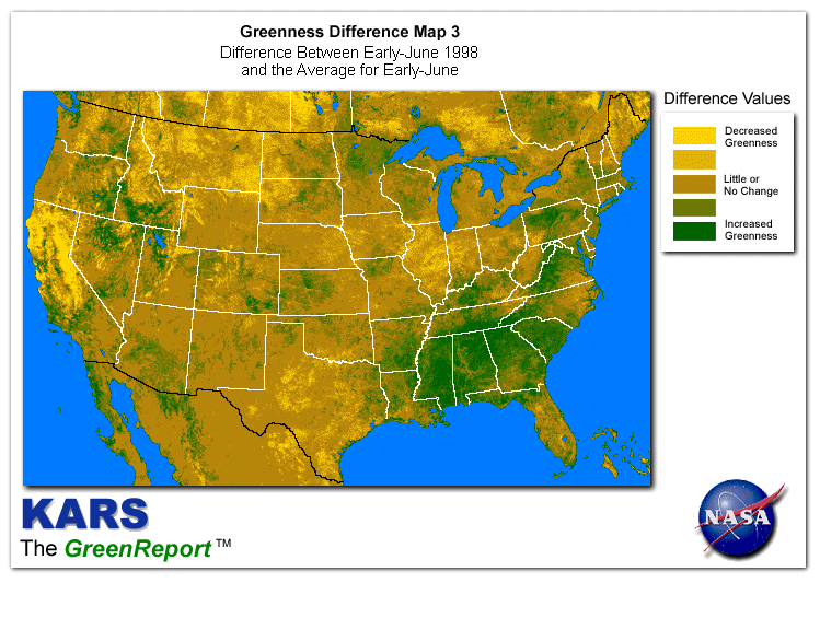 Color-coded U.S. vegetation greeness index map for Period 23 of 1998, illustrating spatial variations in plant vigor, with greener tones indicating higher biomass and browner tones indicating stressed vegetation,
              comparing current crop/vegetation change in biomass to the 20-year greenness average.