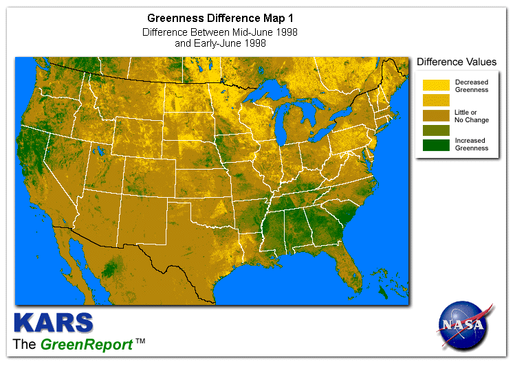 Color-coded U.S. vegetation greeness index map for Period 24 of 1998, illustrating spatial variations in plant vigor, with greener tones indicating higher biomass and browner tones indicating stressed vegetation,
              comparing current crop/vegetation change in biomass to the previous week within the same year.