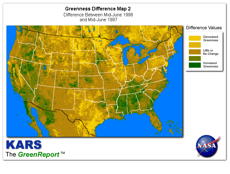 Color-coded U.S. vegetation greeness index map for Period 24 of 1998, illustrating spatial variations in plant vigor, with greener tones indicating higher biomass and browner tones indicating stressed vegetation,
              comparing current crop/vegetation change in biomass to same period from the previous year.