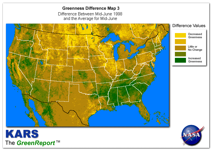 Color-coded U.S. vegetation greeness index map for Period 24 of 1998, illustrating spatial variations in plant vigor, with greener tones indicating higher biomass and browner tones indicating stressed vegetation,
              comparing current crop/vegetation change in biomass to the 20-year greenness average.