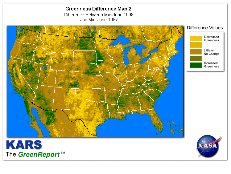 Color-coded U.S. vegetation greeness index map for Period 25 of 1998, illustrating spatial variations in plant vigor, with greener tones indicating higher biomass and browner tones indicating stressed vegetation,
              comparing current crop/vegetation change in biomass to same period from the previous year.