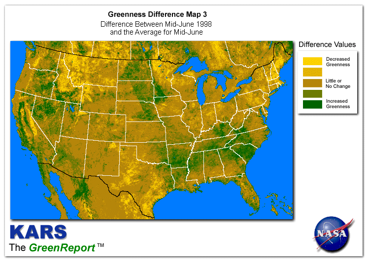Color-coded U.S. vegetation greeness index map for Period 25 of 1998, illustrating spatial variations in plant vigor, with greener tones indicating higher biomass and browner tones indicating stressed vegetation,
              comparing current crop/vegetation change in biomass to the 20-year greenness average.