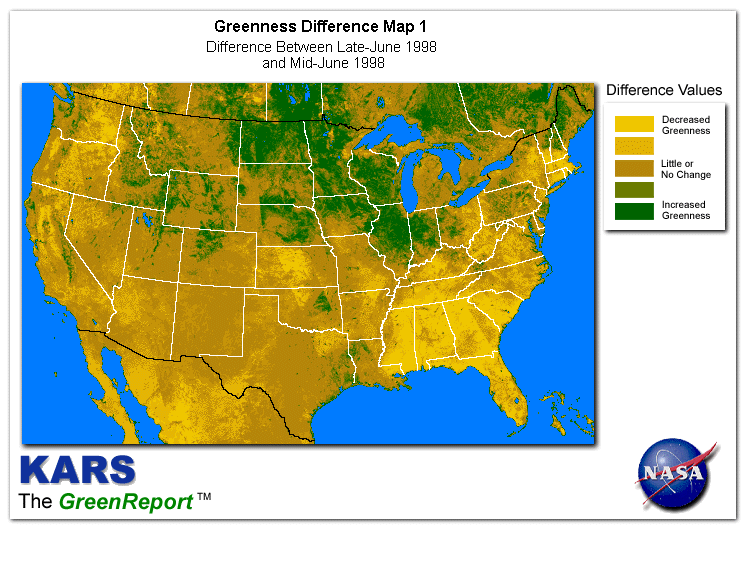 Color-coded U.S. vegetation greeness index map for Period 26 of 1998, illustrating spatial variations in plant vigor, with greener tones indicating higher biomass and browner tones indicating stressed vegetation,
              comparing current crop/vegetation change in biomass to the previous week within the same year.