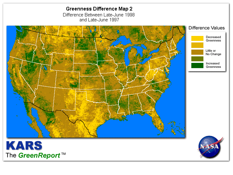 Color-coded U.S. vegetation greeness index map for Period 26 of 1998, illustrating spatial variations in plant vigor, with greener tones indicating higher biomass and browner tones indicating stressed vegetation,
              comparing current crop/vegetation change in biomass to same period from the previous year.