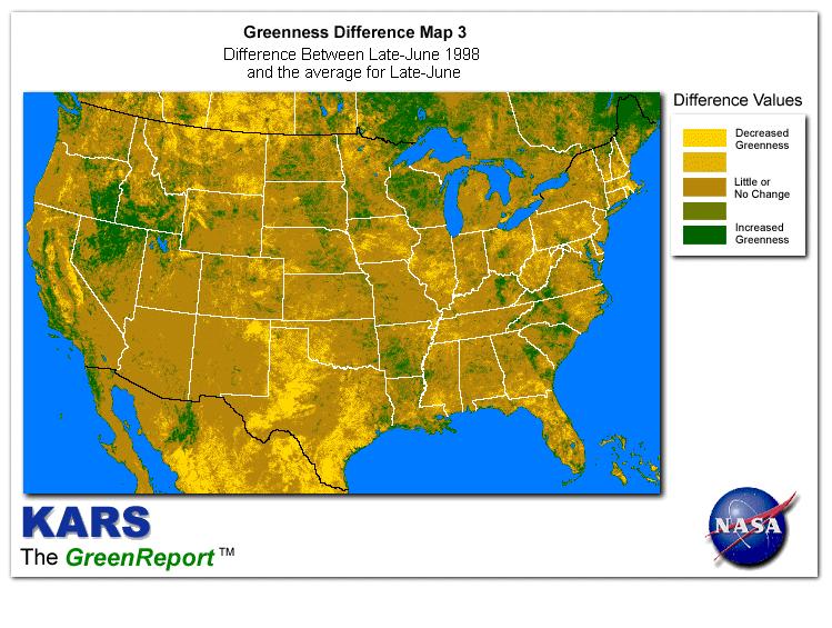 Color-coded U.S. vegetation greeness index map for Period 26 of 1998, illustrating spatial variations in plant vigor, with greener tones indicating higher biomass and browner tones indicating stressed vegetation,
              comparing current crop/vegetation change in biomass to the 20-year greenness average.