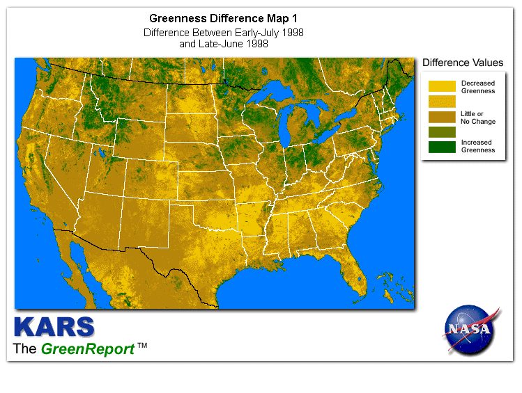 Color-coded U.S. vegetation greeness index map for Period 27 of 1998, illustrating spatial variations in plant vigor, with greener tones indicating higher biomass and browner tones indicating stressed vegetation,
              comparing current crop/vegetation change in biomass to the previous week within the same year.