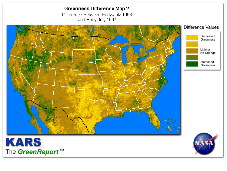 Color-coded U.S. vegetation greeness index map for Period 27 of 1998, illustrating spatial variations in plant vigor, with greener tones indicating higher biomass and browner tones indicating stressed vegetation,
              comparing current crop/vegetation change in biomass to same period from the previous year.