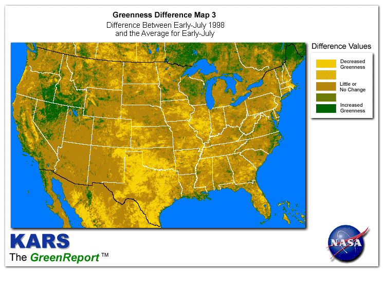 Color-coded U.S. vegetation greeness index map for Period 27 of 1998, illustrating spatial variations in plant vigor, with greener tones indicating higher biomass and browner tones indicating stressed vegetation,
              comparing current crop/vegetation change in biomass to the 20-year greenness average.