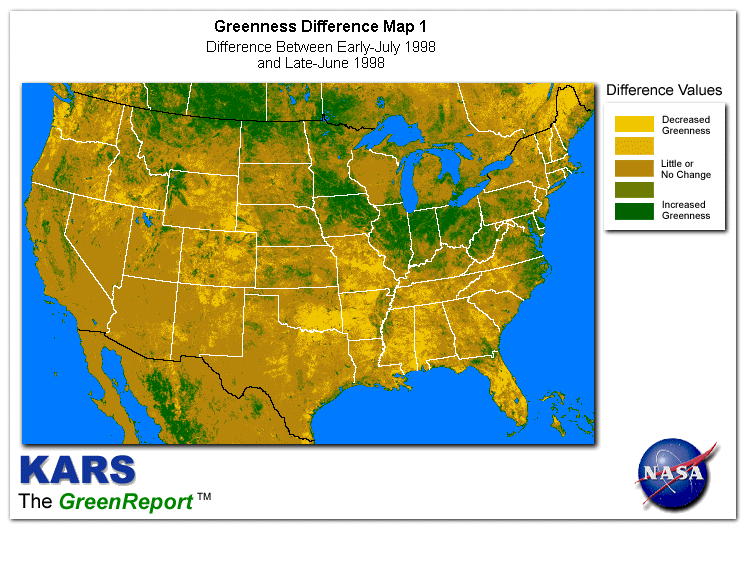 Color-coded U.S. vegetation greeness index map for Period 28 of 1998, illustrating spatial variations in plant vigor, with greener tones indicating higher biomass and browner tones indicating stressed vegetation,
              comparing current crop/vegetation change in biomass to the previous week within the same year.