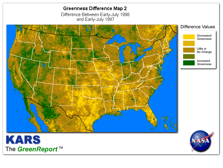 Color-coded U.S. vegetation greeness index map for Period 28 of 1998, illustrating spatial variations in plant vigor, with greener tones indicating higher biomass and browner tones indicating stressed vegetation,
              comparing current crop/vegetation change in biomass to same period from the previous year.
